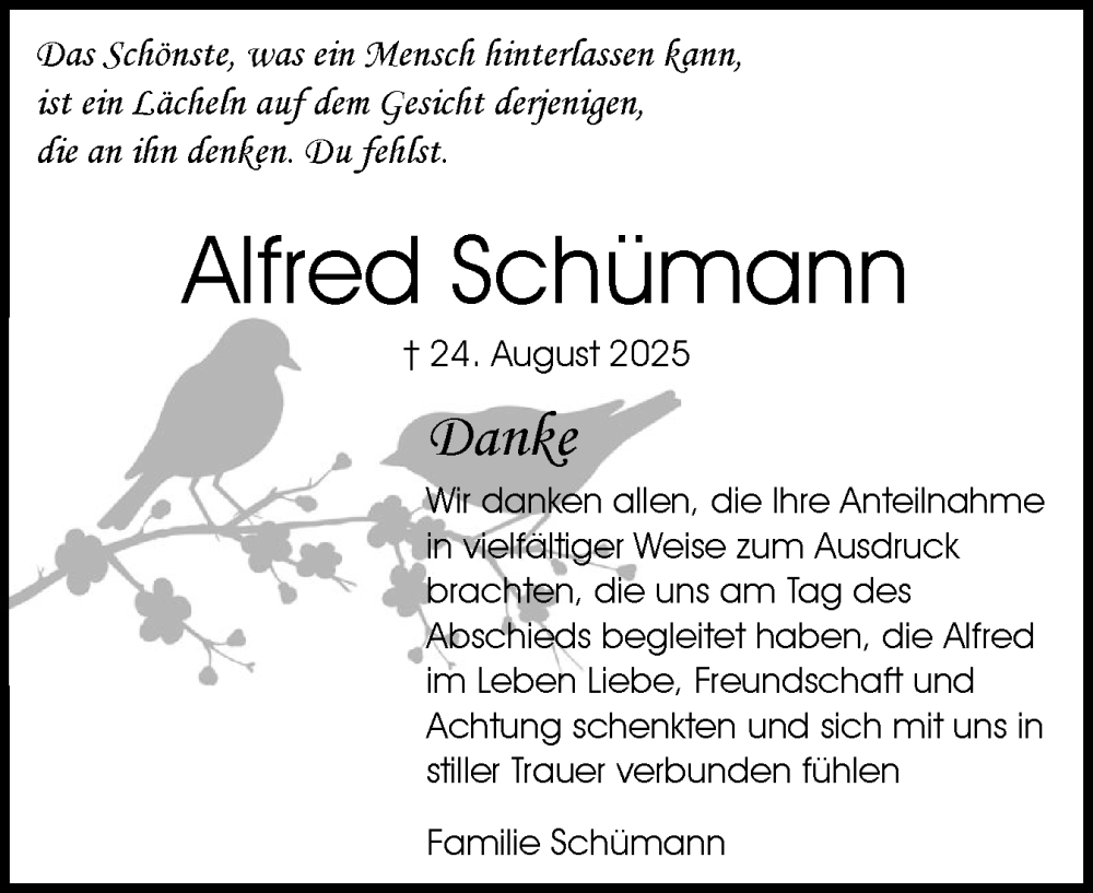  Traueranzeige für Alfred Schümann vom 27.09.2025 aus Elmshorner Nachrichten, Barmstedter Zeitung