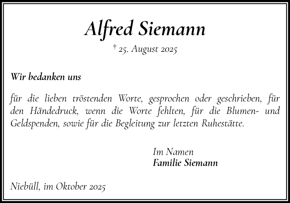  Traueranzeige für Alfred Siemann vom 01.10.2025 aus Husumer Nachrichten, Nordfriesland Tageblatt