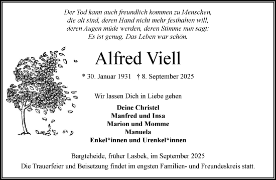 Traueranzeige von Alfred Viell von MARKT Ahrensburg/Bargteheide/Trittau und Stormarner Tageblatt