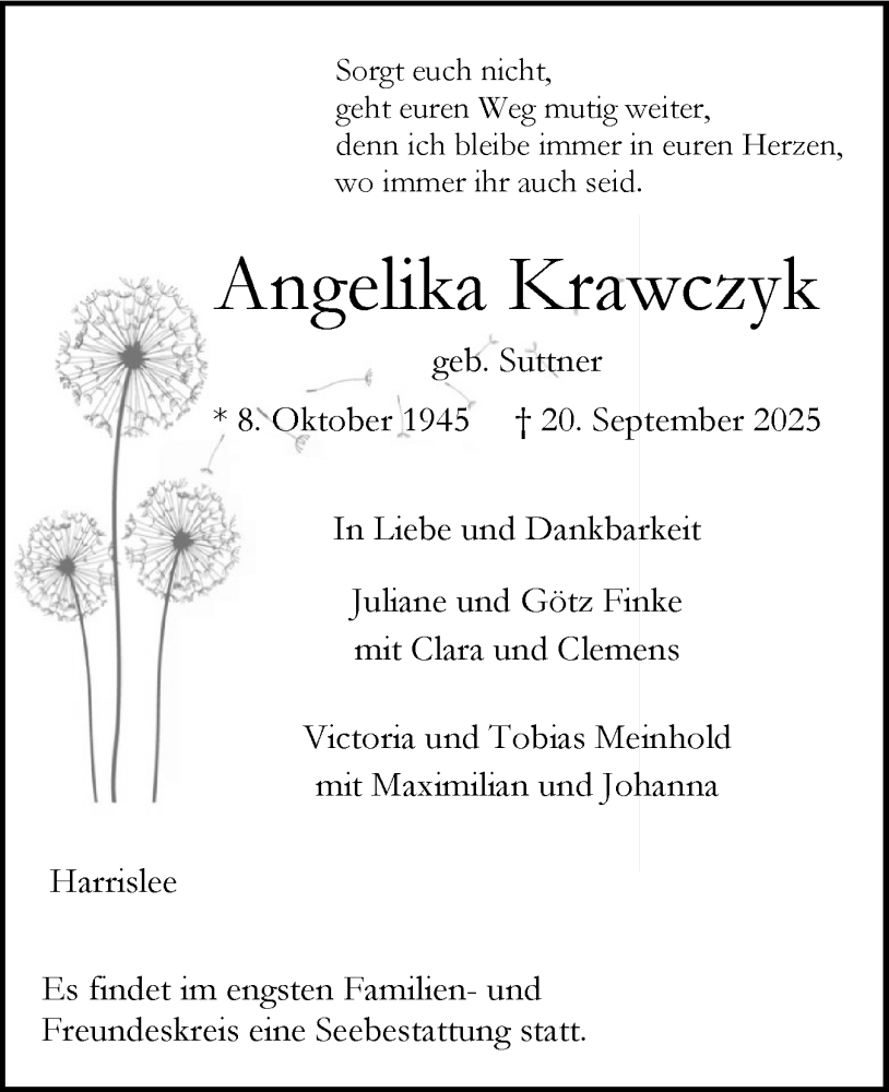  Traueranzeige für Angelika Krawczyk vom 27.09.2025 aus Flensburger Tageblatt
