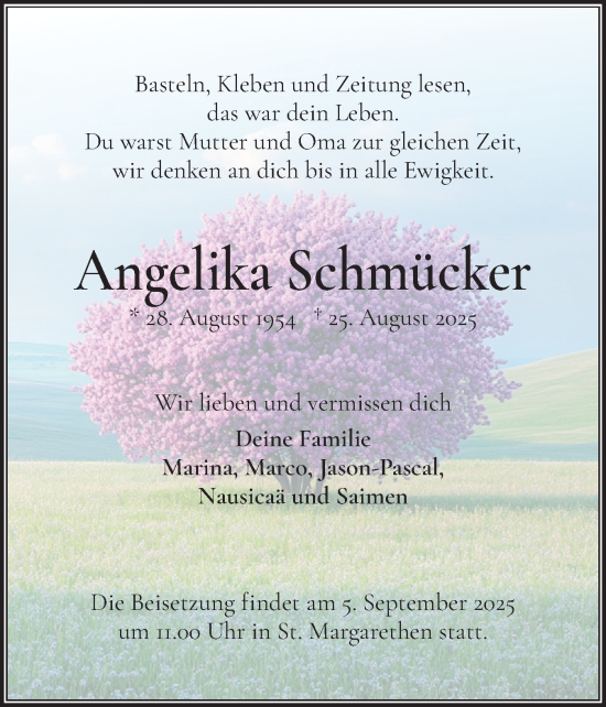 Traueranzeige von Angelika Schmücker von Norddeutsche Rundschau, Wilstersche Zeitung, Glückstädter Fortuna