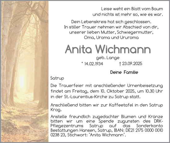 Traueranzeige von Anita Wichmann von Flensburger Tageblatt