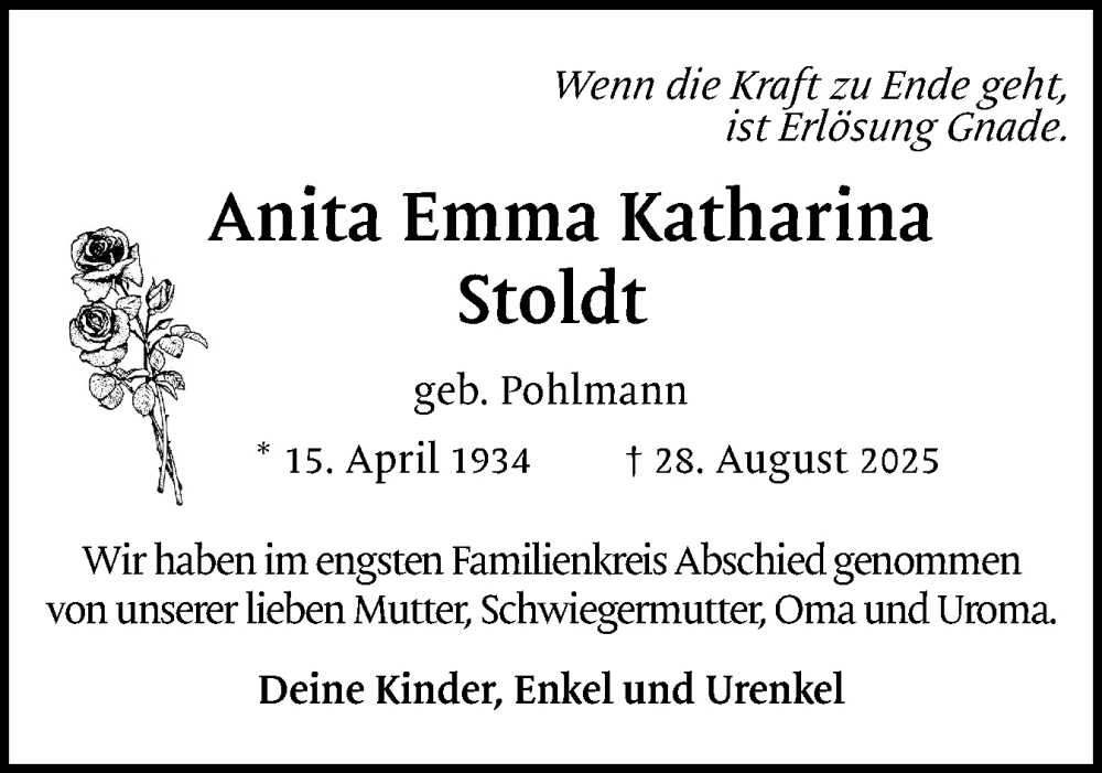  Traueranzeige für Anita Emma Katharina Stoldt vom 20.09.2025 aus Region Pinneberg und tip Pinneberg