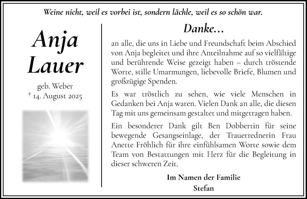  Traueranzeige für Anja Lauer vom 20.09.2025 aus Flensburger Tageblatt