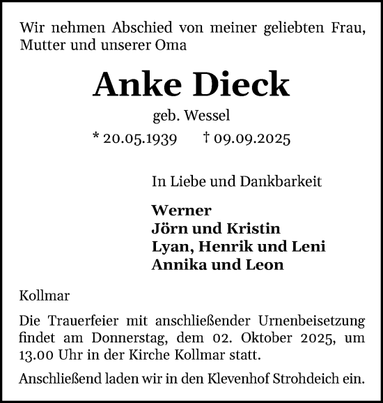 Traueranzeige von Anke Dieck von Region Steinburg-Elmshorn