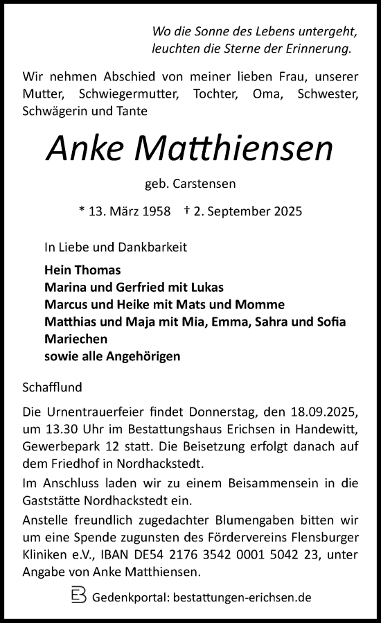 Traueranzeige von Anke Matthiensen von Flensburger Tageblatt