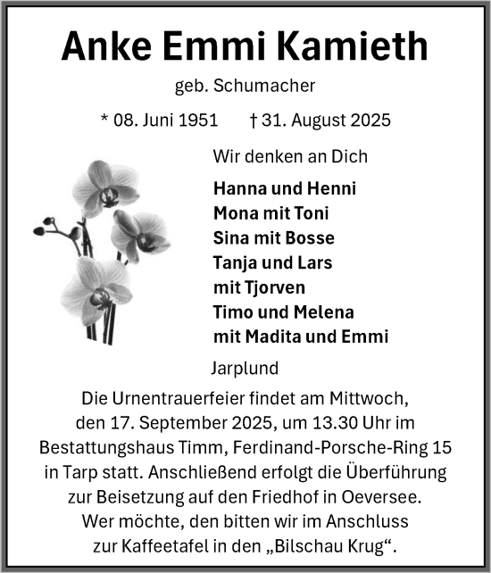 Traueranzeige von Anke Emmi Kamieth von Flensburger Tageblatt