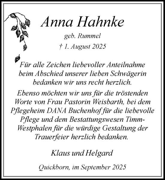 Traueranzeige von Anna Hahnke von Umschau