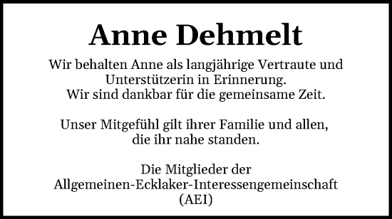 Traueranzeige von Anne Dehmelt von Norddeutsche Rundschau, Wilstersche Zeitung, Glückstädter Fortuna