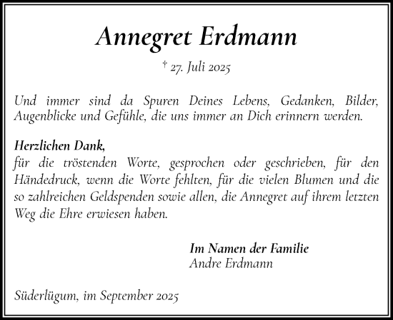 Traueranzeige von Annegret Erdmann von Husumer Nachrichten, Nordfriesland Tageblatt