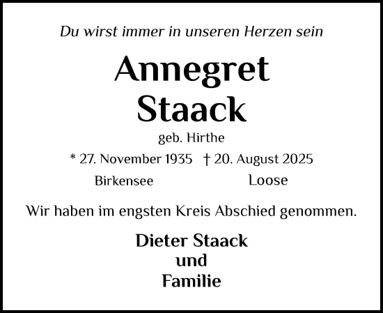 Traueranzeige von Annegret Staack von Eckernförder Zeitung, Hallo Eckernförde