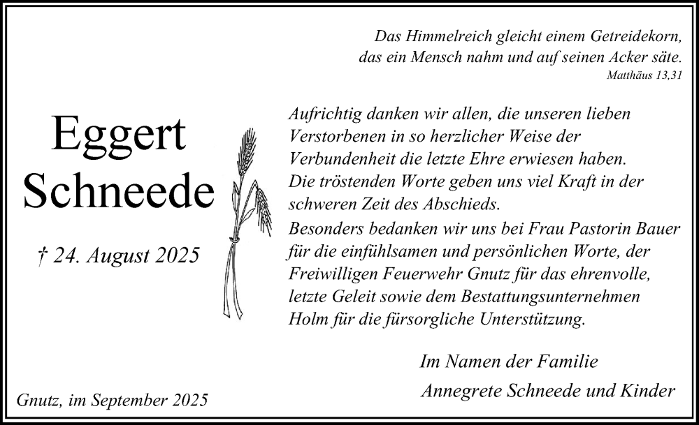 Traueranzeige für Annegrete Schneede vom 13.09.2025 aus Schleswig-Holsteinische Landeszeitung