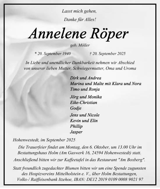Traueranzeige von Annelene Röper von Schleswig-Holsteinische Landeszeitung