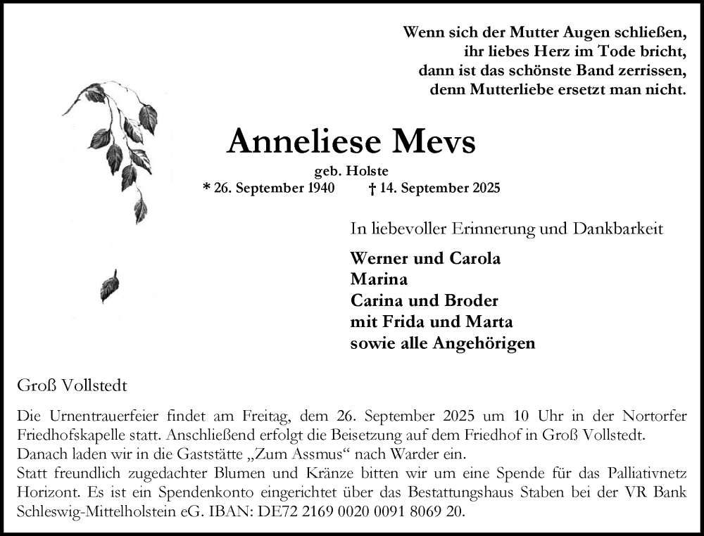  Traueranzeige für Anneliese Mevs vom 20.09.2025 aus Schleswig-Holsteinische Landeszeitung