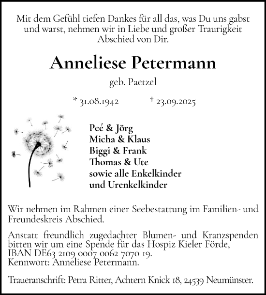 Traueranzeige von Anneliese Petermann von Holsteinischer Courier