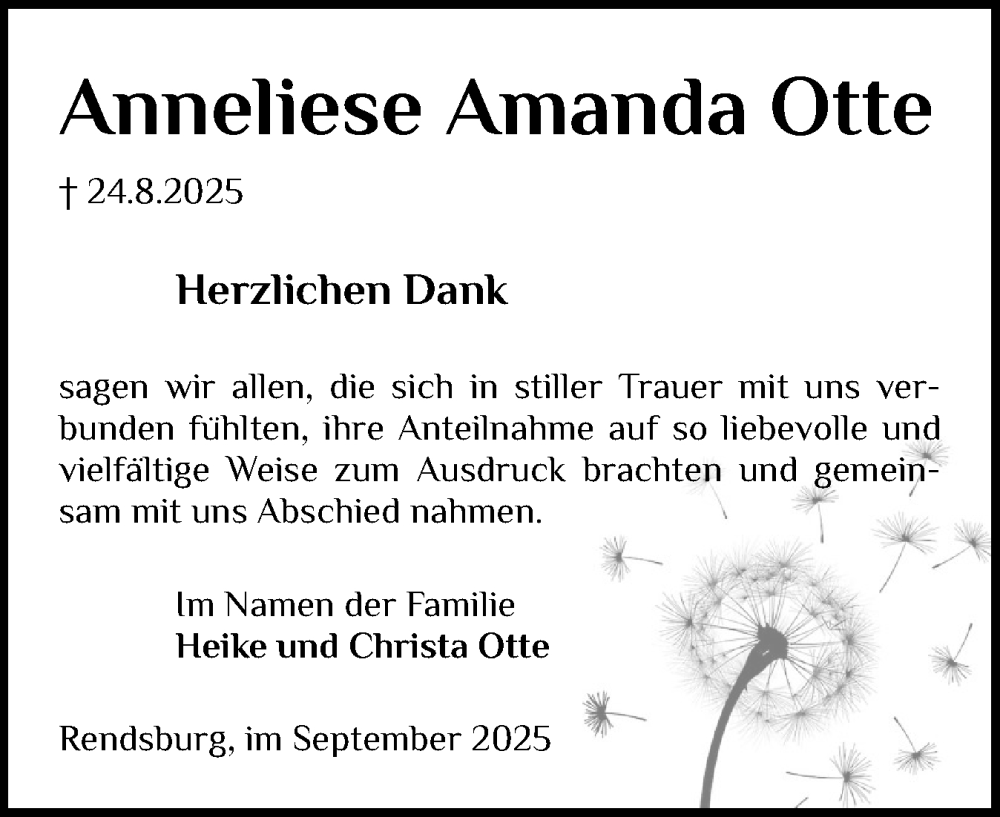  Traueranzeige für Anneliese Amanda Otte vom 20.09.2025 aus Schleswig-Holsteinische Landeszeitung