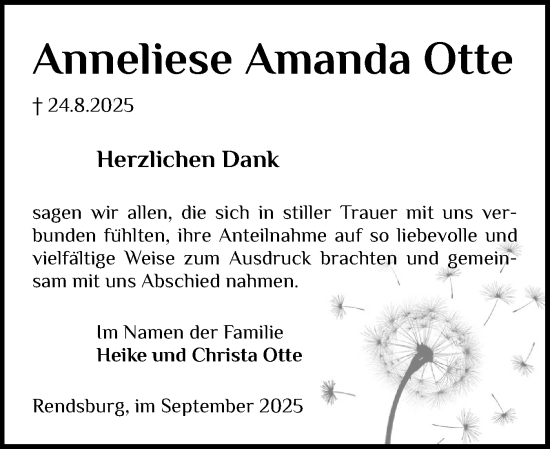 Traueranzeige von Anneliese Amanda Otte von Schleswig-Holsteinische Landeszeitung