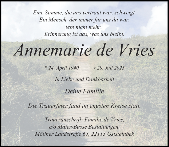 Traueranzeige von Annemarie de Vries von MARKT Glinde/Reinbek