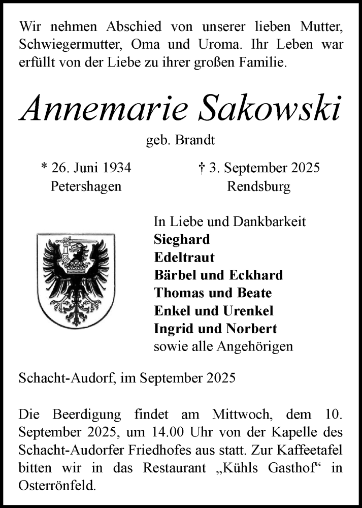 Traueranzeige für Annemarie Sakowski vom 06.09.2025 aus Schleswig-Holsteinische Landeszeitung