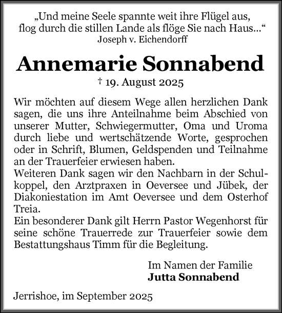 Traueranzeige von Annemarie Sonnabend von Flensburger Tageblatt