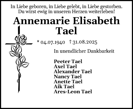 Traueranzeige von Annemarie Elisabeth Tael von Eckernförder Zeitung, Hallo Eckernförde