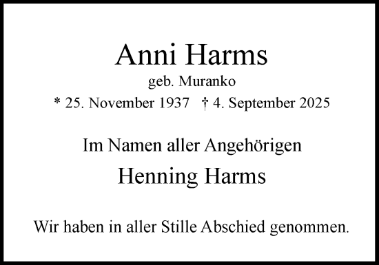 Traueranzeige von Anni Harms von Uetersener Nachrichten, Der tip am Wochenende