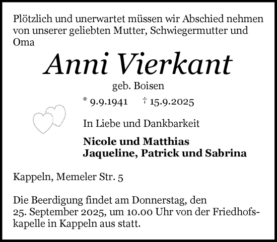 Traueranzeige von Anni Vierkant von Schleswiger Nachrichten, Schlei-Bote