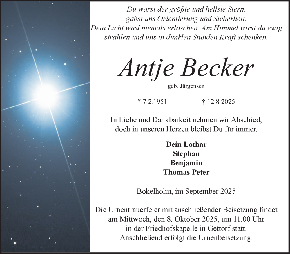  Traueranzeige für Antje Becker vom 27.09.2025 aus Digitale Anzeige