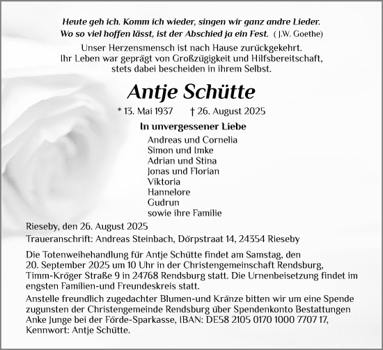 Traueranzeige von Antje Schütte von Eckernförder Zeitung, Hallo Eckernförde