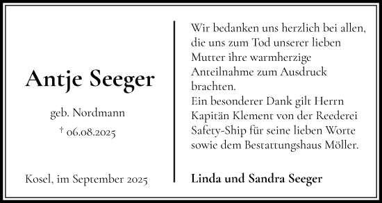 Traueranzeige von Antje Seeger von Eckernförder Zeitung, Hallo Eckernförde