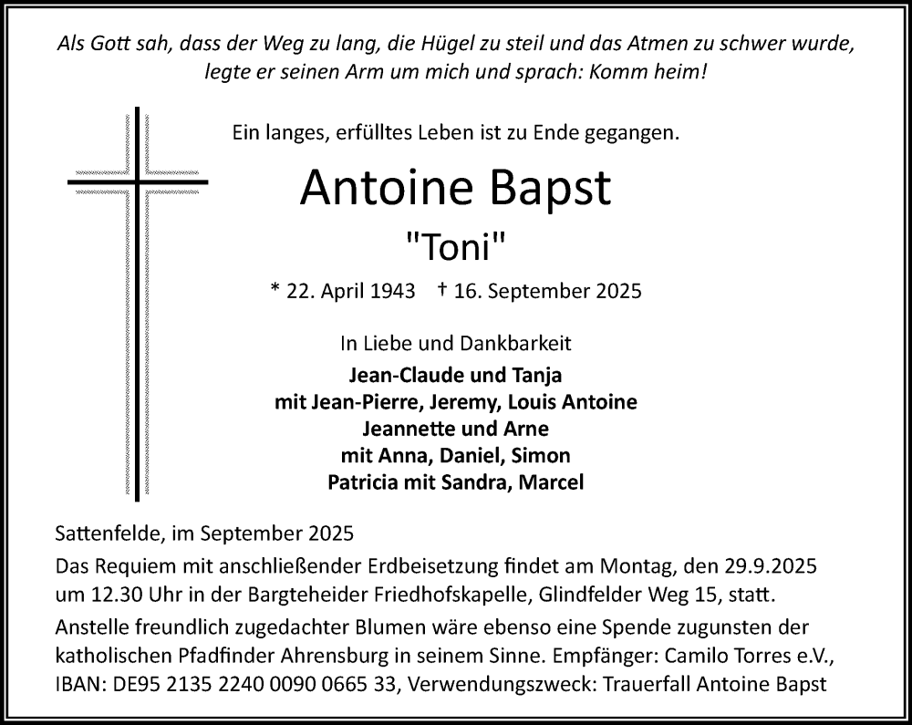  Traueranzeige für Antoine Bapst vom 27.09.2025 aus MARKT Ahrensburg/Bargteheide/Trittau und Stormarner Tageblatt