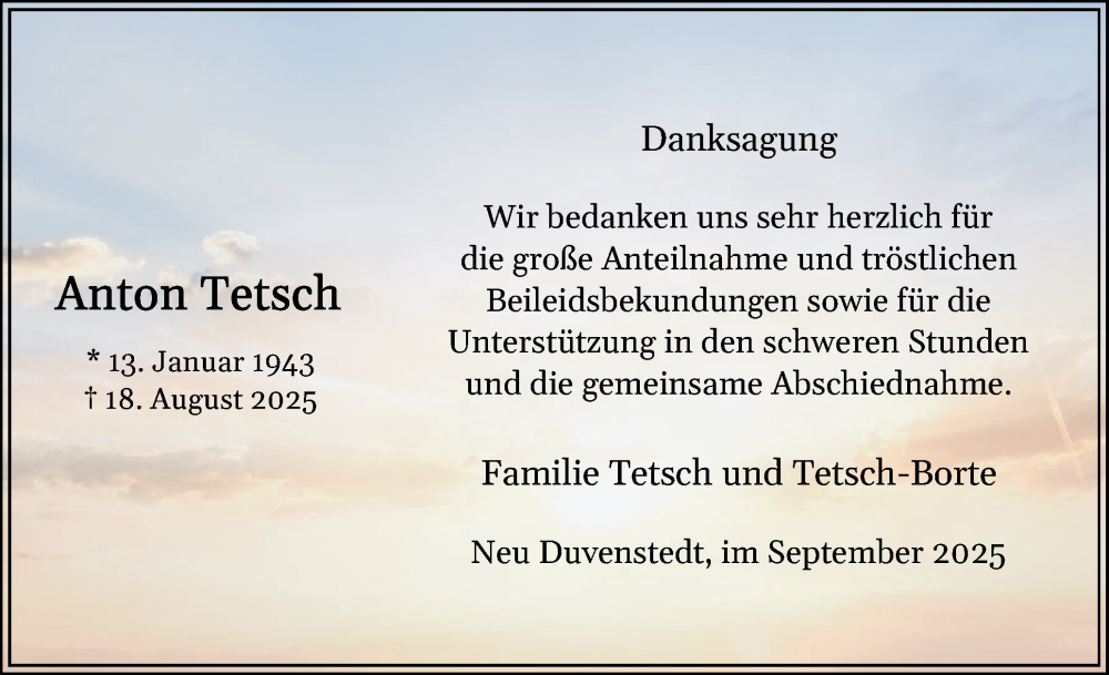  Traueranzeige für Anton Tetsch vom 13.09.2025 aus Schleswig-Holsteinische Landeszeitung