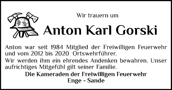 Traueranzeige von Anton Karl Gorski von Husumer Nachrichten, Nordfriesland Tageblatt