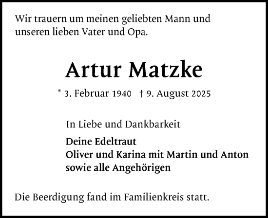 Traueranzeige von Artur Matzke von Region Pinneberg und tip Pinneberg