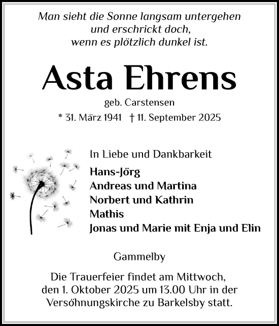 Traueranzeige von Asta Ehrens von Eckernförder Zeitung, Hallo Eckernförde
