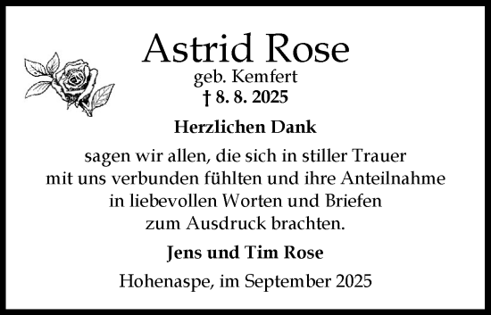 Traueranzeige von Astrid Rose von Norddeutsche Rundschau, Wilstersche Zeitung, Glückstädter Fortuna