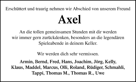 Traueranzeige von Axel  von Wochenend Anzeiger