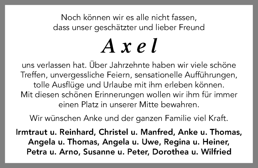  Traueranzeige für Axel  vom 27.09.2025 aus Wochenend Anzeiger