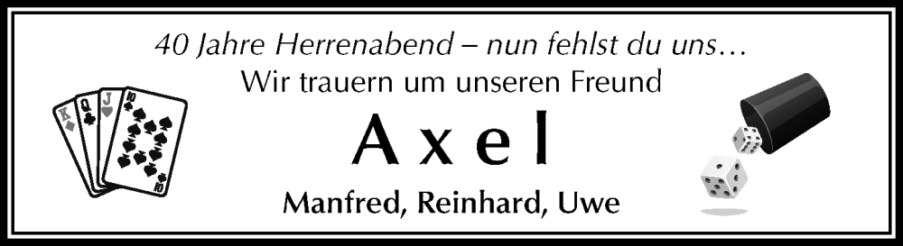 Traueranzeige für Axel  vom 27.09.2025 aus Wochenend Anzeiger