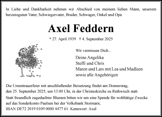 Traueranzeige von Axel Feddern von MARKT Bad Oldesloe/Reinfeld und Stormarner Tageblatt