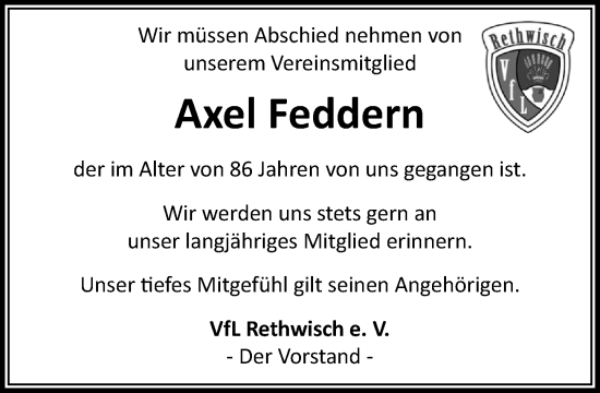 Traueranzeige von Axel Feddern von MARKT Bad Oldesloe/Reinfeld und Stormarner Tageblatt
