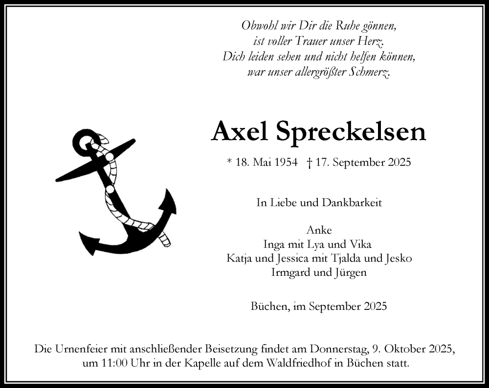  Traueranzeige für Axel Spreckelsen vom 27.09.2025 aus Wochenend Anzeiger