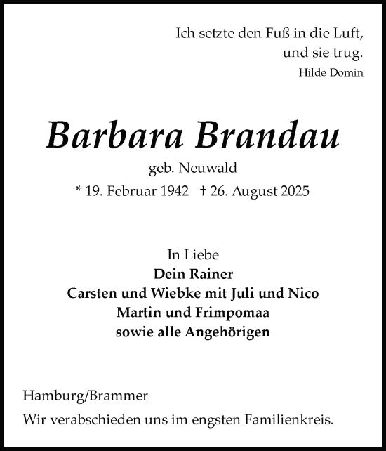 Traueranzeige von Barbara Brandau von Schleswig-Holsteinische Landeszeitung