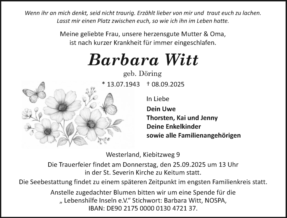  Traueranzeige für Barbara Witt vom 20.09.2025 aus Sylter Rundschau
