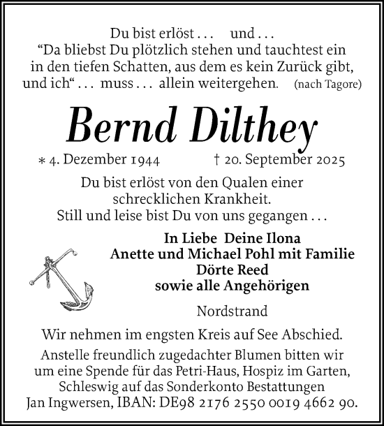 Traueranzeige von Bernd Dilthey von Husumer Nachrichten, Nordfriesland Tageblatt