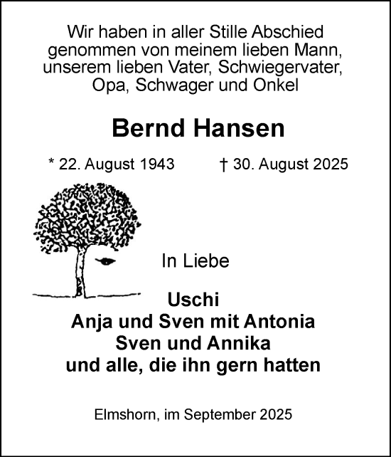 Traueranzeige von Bernd Hansen von Elmshorner Nachrichten, Barmstedter Zeitung