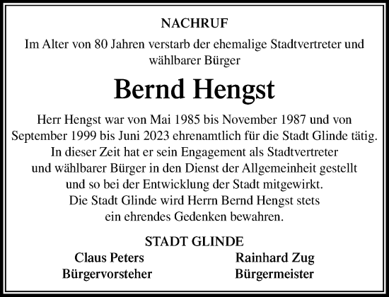 Traueranzeige von Bernd Hengst von MARKT Glinde/Reinbek