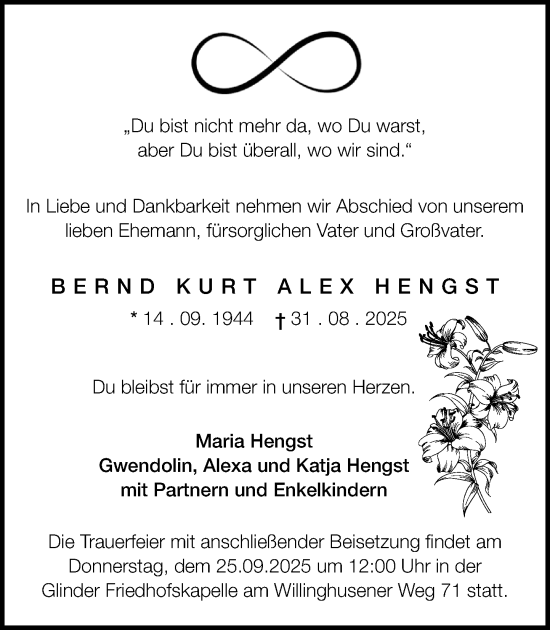 Traueranzeige von Bernd Kurt Alex Hengst von MARKT Glinde/Reinbek