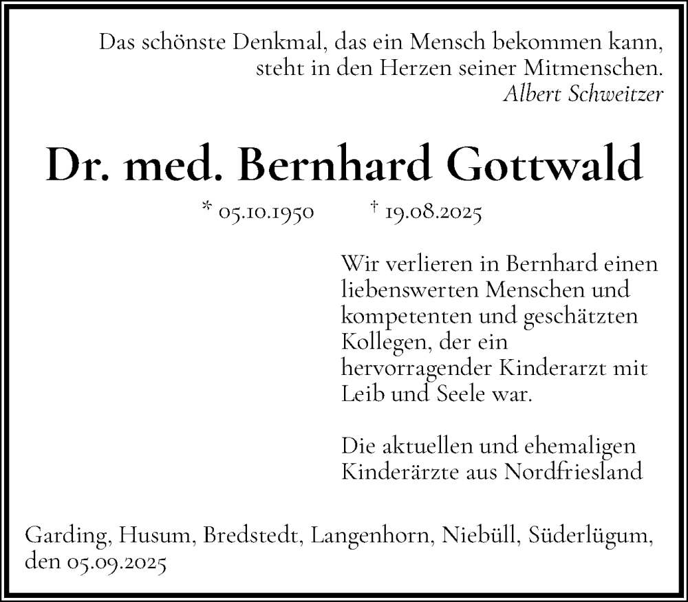  Traueranzeige für Bernhard Gottwald vom 09.09.2025 aus Husumer Nachrichten, Nordfriesland Tageblatt