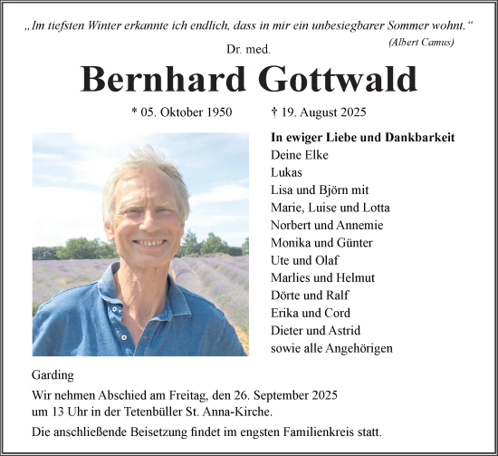 Traueranzeige von Bernhard Gottwald von Husumer Nachrichten, Nordfriesland Tageblatt